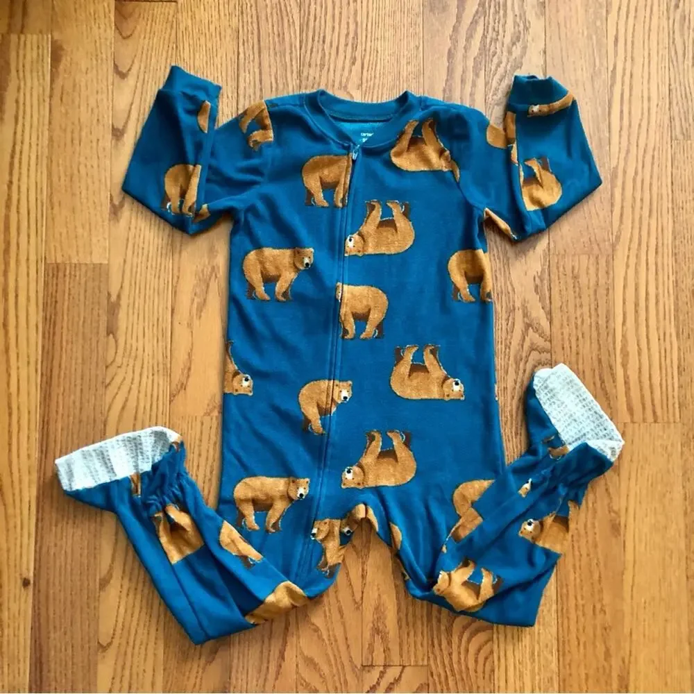 Carter's 1-Piece Bear Print Fleece Footie Teal Brown Pajamas Little Boy’s Size 5
